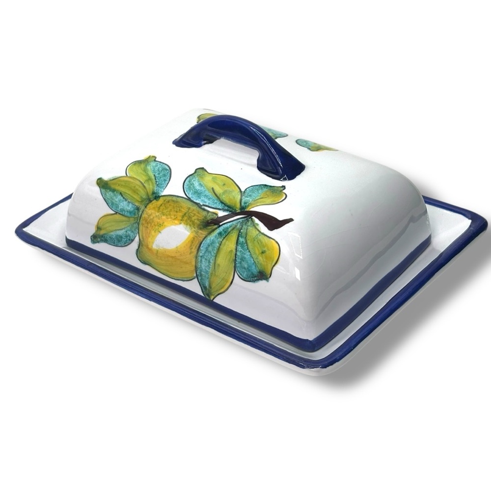 Vintage Antica Siena Hand Painted Butter Dish with Lemons Made In Italy 7.5" L